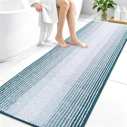 OLANLY Bathroom Runner Rugs 70x24, Chenille Striped Bath Rugs, Peacock Blue