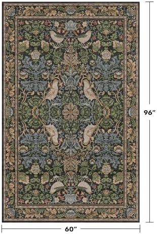 Hazo Haus Boho Living Room Rug 5x8 - Dark Green Rugs 5x8 for Bedroom, Dining Room, Office with Vintage Forest Farmhouse Botanical & Bird Design, Non Slip Stain Resistant Low Pile - Brown