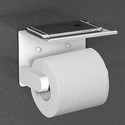 VAEHOLD Self Adhesive Toilet Paper Holder with Phone Shelf Stainless Steel Wall Mounted Toilet Paper Roll Holder - Bathroom Washroom Tissue Roll Holder with Storage Shelf - White
