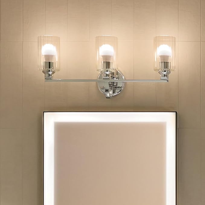 Kichler Gioe 24.25" 3-Light Vanity Light with Clear Fluted Glass in Chrome, Damp Rated, for Bathroom, Powder Room, Over a Mirror, (24.25" W x 10.5" H), 55226CHFLU