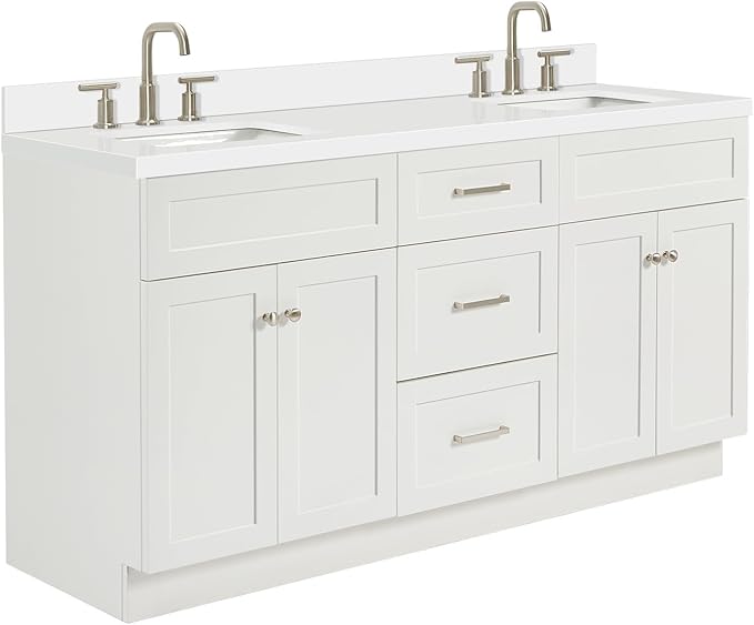 ARIEL Hamlet 66-inch Bathroom Vanity with Sink,Solid Wood, 1.5-inch Pure White Quartz Countertop & Backsplash, Double Rectangular Porcelain Sink, 4 Soft Closing Doors, 3 Dovetail Drawers, White