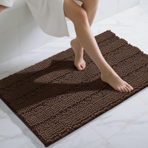 Yimobra Bathroom Rug Mat 44 x 24, Non Slip and Super Absorbent Bath Mat,Machine Washable Quick Dry,Ultra Plush Chenille Shower Rugs for Bathroom Floor Sink Tub and Shower Outside,Brown