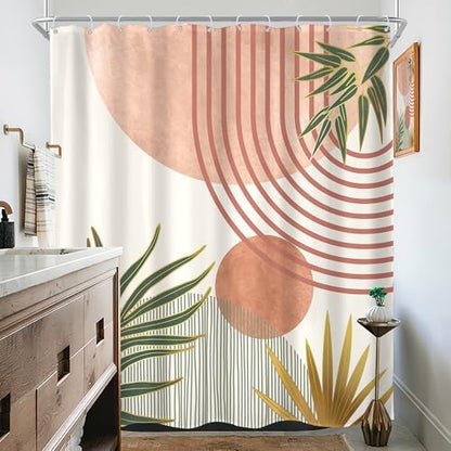 Mid Century Pink Green Boho Abstract Modern Bathroom Shower Curtain Set