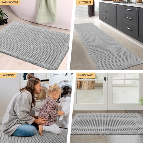 IM HOME Waffle Bath Mat Light Grey 36"x24", Boho Woven Modern Bath Mat Rugs, Absorbent Non Slip Bathroom Rugs, Soft Washable Bath Rugs with Tassels for Bathroom, Bedroom, Kitchen, Shower, Tub