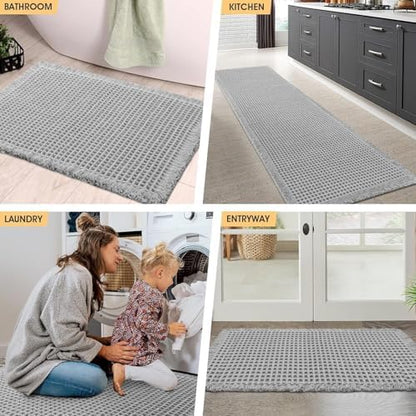 IM HOME Waffle Bath Mat Light Grey 24"x17", Boho Woven Modern Bath Mat Rugs, Absorbent Non Slip Bathroom Rugs, Soft Washable Bath Rugs with Tassels for Bathroom, Bedroom, Kitchen, Shower, Tub