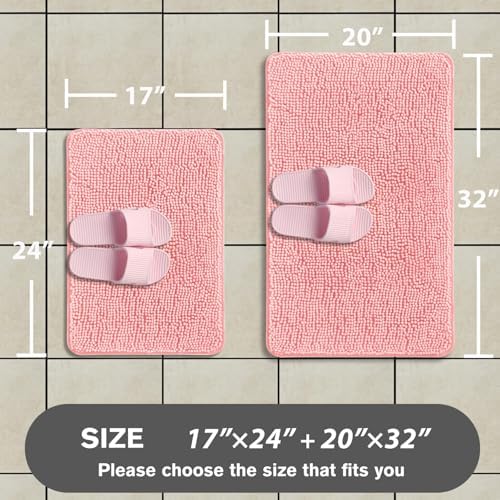 Pink Bathroom Rugs Sets 2 Piece – Absorbent and Washable Bath Mat, Non-Slip, Thick Soft Chenille Bath Rugs for Bathroom Floor, Shower, Sink - 17" x 24"+20" x 32"