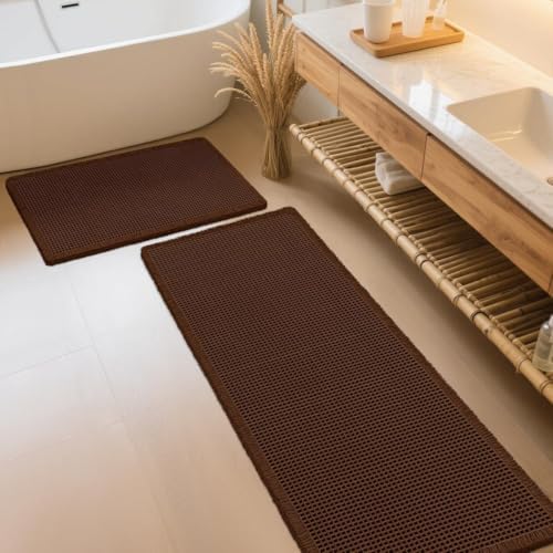 IM HOME Waffle Bath Mat Set 2 Piece Brown,Woven Modern Bath Rug Mats, Absorbent Non Slip Bath Floor Mat, Soft Washable Boho Bath Rugs with Tassels for Bathroom, Bedroom, Kitchen,Tub