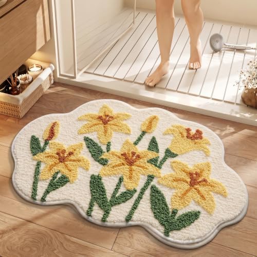 Cloud-Shaped Lily Bath Mat, Soft Non-Slip Fluffy Fresh Flowers Bathroom Rug, Ultra Absorbent Microfiber Shaggy Door Mat, Machine Washable Bath Rug Carpet for Bathtub Bedroom 20x31 Inch (Yellow Lily)