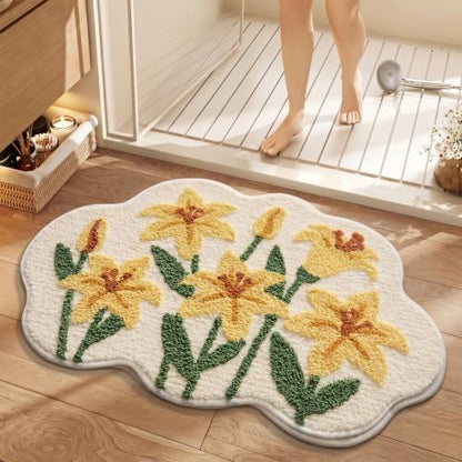 Cloud-Shaped Lily Bath Mat, Soft Non-Slip Fluffy Fresh Flowers Bathroom Rug, Ultra Absorbent Microfiber Shaggy Door Mat, Machine Washable Bath Rug Carpet for Bathtub Bedroom 20x31 Inch (Yellow Lily)