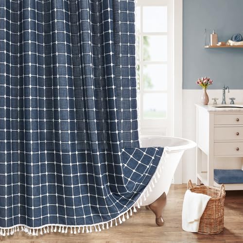 Boho Farmhouse Classic Plaid Linen Tassel Shower Curtain Navy Blue,72x72
