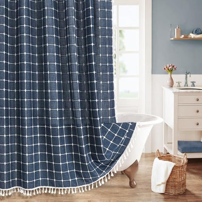 Boho Farmhouse Classic Plaid Linen Tassel Shower Curtain Navy Blue,72x72