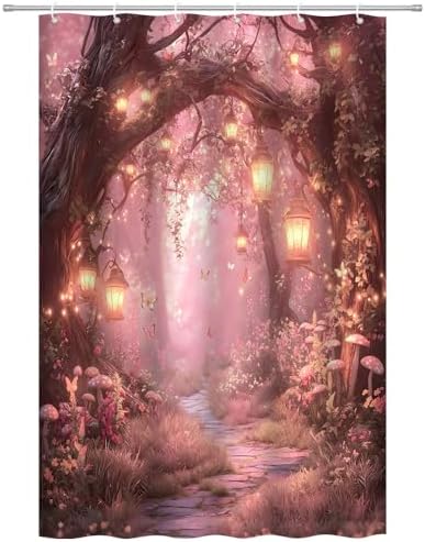 Fantasy Forest Path Shower Curtain Pink Fairy Magical Enchanted Misty Jungle Mushroom Floral Tree Butterfly Lantern Wonderland Bath Curtain Fabric Bathroom Accessories Decor with Hooks 47W x63L