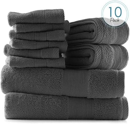 Hearth & Harbor Bath Towels for Bathroom - 100% Ring Spun Cotton Luxury Bathroom Towels - Ultra Soft & Highly Absorbent, Bath Towels Set of 10 - Dark Gray