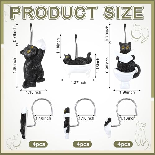 Roowest 12 Pcs Black Cat Shower Curtain Hooks, Stainless Steel Farmhouse