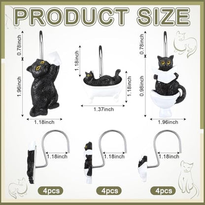 Roowest 12 Pcs Black Cat Shower Curtain Hooks, Stainless Steel Farmhouse