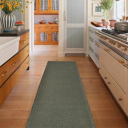 ZALL Waffle Bath Mat,Super Absorbent Non Slip Long Bathroom Runner Rug,Dark Green 24X60inch,Machine Washable Ultra Soft Floor Mats