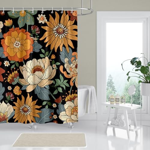Black Boho Floral Shower Curtain for Bathroom 72 x 72 inch