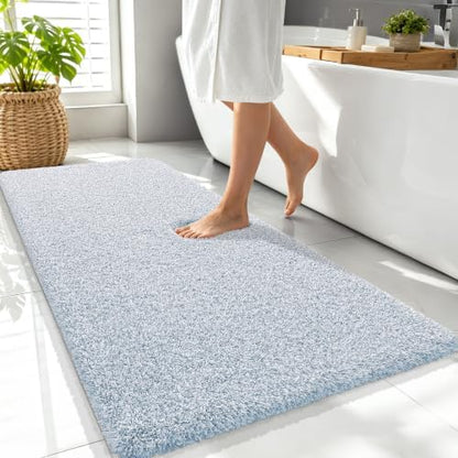OLANLY Microfiber Bathroom Rugs 47x24, Quick Dry Mat, Airy Blue and White
