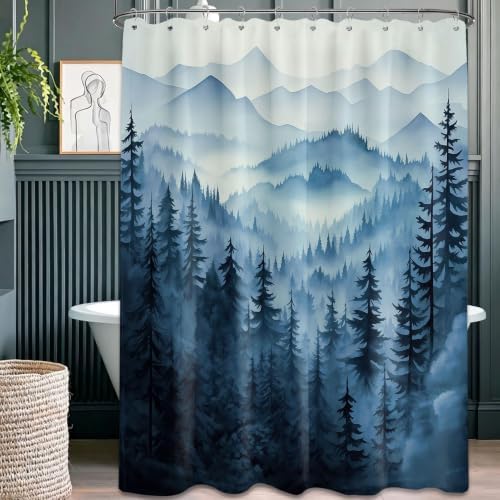 Navy Blue Forest Shower Curtain, 60X72 in, Mountain Rustic Pine Tree