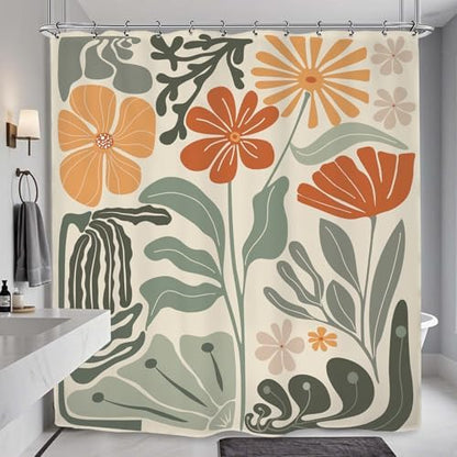 Retro Flower Matisse 70s Shower Curtain 72Wx72L Inch Colorful Groovy Vintage Trendy Funky Sage Green Orange Bathroom Set Accessories Decor with 12 Pack Hooks