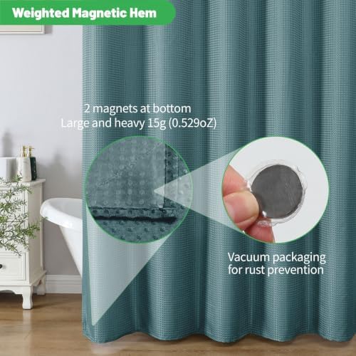No Hook Waffle Shower Curtain, No Liner Needed, 71x74 Inch, Seaweed Green