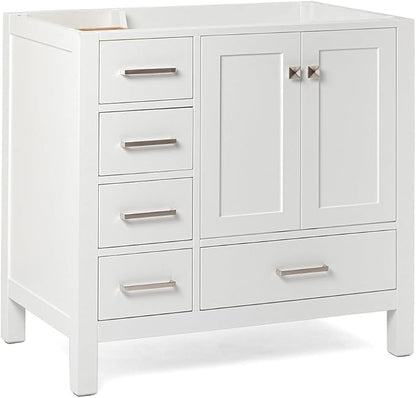 ARIEL Cambridge 36-inch Bathroom Vanity Base Cabinet,Solid Wood, 2 Soft Closing Doors, 5 Dovetail Drawers, White