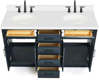 ARIEL Hepburn 60-inch Bathroom Vanity with Sink,Solid Wood, 1.5-inch Pure White Quartz Countertop & Backsplash, Double Oval Porcelain Sink, 4 Soft Closing Doors, 6 Dovetail Drawers, Midnight Blue