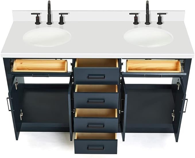 ARIEL Hepburn 60-inch Bathroom Vanity with Sink,Solid Wood, 1.5-inch Pure White Quartz Countertop & Backsplash, Double Oval Porcelain Sink, 4 Soft Closing Doors, 6 Dovetail Drawers, Midnight Blue