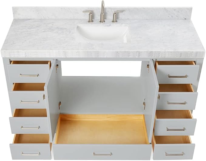 ARIEL Cambridge 60-inch Bathroom Vanity with Sink,Solid Wood, 2-inch Italian Carrara Marble Countertop, Single Rectangular Porcelain Sink, 2 Soft Closing Doors, 9 Dovetail Drawers, Grey