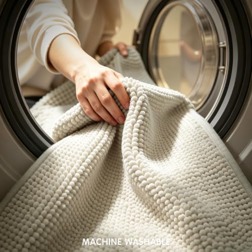 SUBRTEX Bathroom Rugs, 20" x 32" Chenille Bath Rug Soft Short Plush Bath Mat Soft Shower Mat Water Absorbent Shower Mat Quick Dry Machine Washable, Cream White