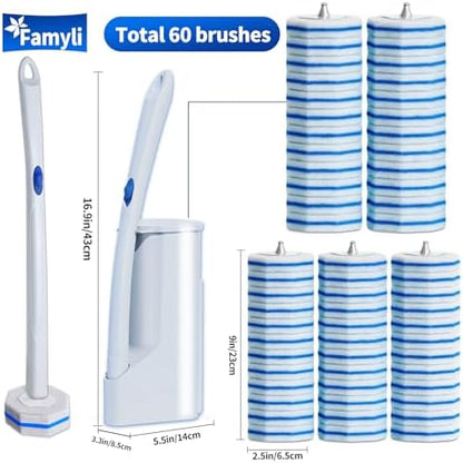 Disposable Toilet Brush Set with 60 Replacement Heads, Toilet Cleaning Replacement Pads, Starter Kit with Storage Case for Deep Cleaning and Hygienic Bathroom Maintenance