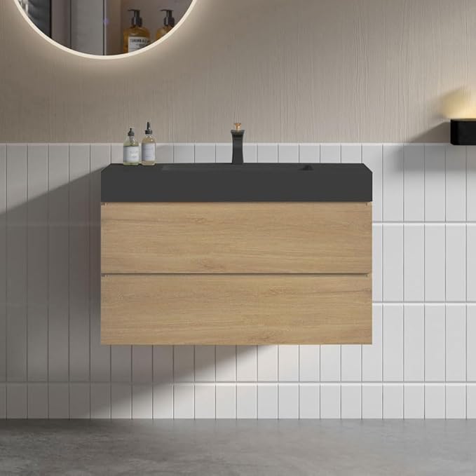 36" Floating Bathroom Vanity with Black Sink, Modern Bathroom Cabinet with Top and Soft Close Drawers, Spacious Storage for Small Space, Natural Oak - Lavanda Collection