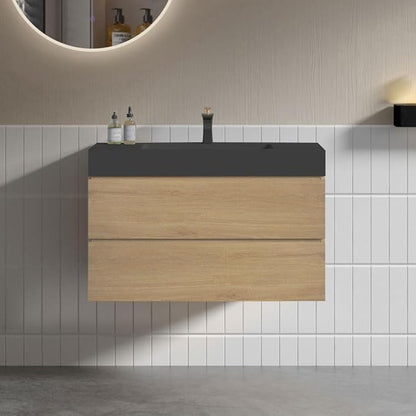 36" Floating Bathroom Vanity with Black Sink, Modern Bathroom Cabinet with Top and Soft Close Drawers, Spacious Storage for Small Space, Natural Oak - Lavanda Collection