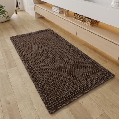 RESARE Waffle Bathroom Runner Rugs, Non Slip Boho Bath Mat 24x48 Dark Brown