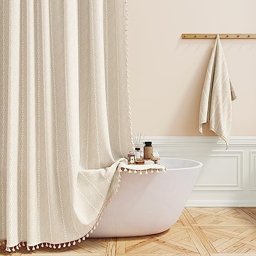 BTTN 60x72 Boho Farmhouse Linen Heavy Duty Shower Curtain Set, Cream/Beige