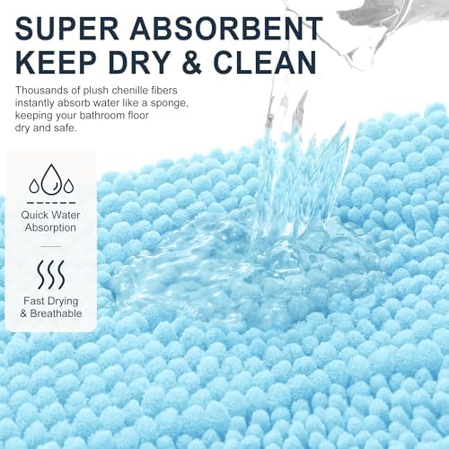 Smiry Thick Chenille Bathroom Rugs 36x24, Soft Absorbent Bath Mat, Sky Blue