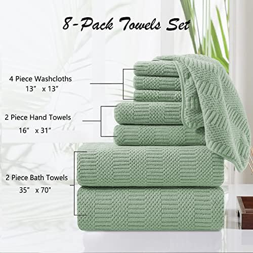 8 Pcs Green Oversized Bath Towel Set-2 Extra Large Bath Sheets,2 Hand Towels,4 Washcloths Soft Bathroom Towels Highly Absorbent Quick Dry Beach Chair Towels Woven Towels for Hotel and Spa