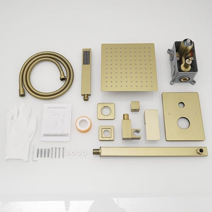 Brushed Gold Shower System Bathroom Luxury Rain Mixer Shower Combo Set Wall Mounted Rainfall Shower Head System Shower Faucet Rough-in Valve Body and Trim Kit