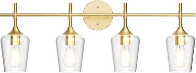 Ralbay 4-Lights Gold Vanity Light Fixture Vintage Gold Vanity Lights Wall Lighting Clear Glass Gold Bathroom Light Fixtures Over Mirror