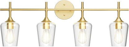 Ralbay 4-Lights Gold Vanity Light Fixture Vintage Gold Vanity Lights Wall Lighting Clear Glass Gold Bathroom Light Fixtures Over Mirror