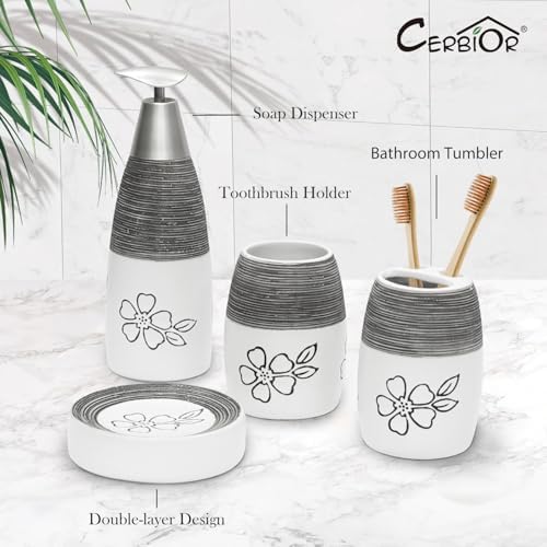 CERBIOR Bathroom Accessories Set,4 PCS Ceramic Bath Accessory,White Flower