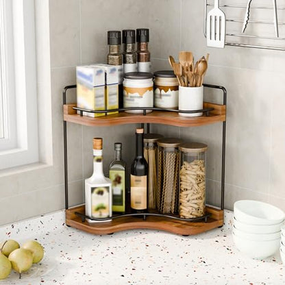 2-Tier Corner Bathroom Counter Organizer, Larger, Acacia Wood