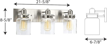 Progress Lighting P300047-009 Calhoun Collection Clear Glass Farmhouse Bath Vanity Light, 3-Light, Brushed Nickel