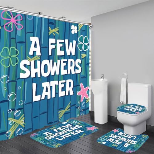 Yddsky 4Pcs Funny Ocean Cartoon Shower Curtain Set with Non-Slip Rugs,Toilet Lid Cover & Bath Mat,Waterproof Bathroom Curtain Sets,Cute Blue Sea Bathroom Decor for Kids,Women,Girls