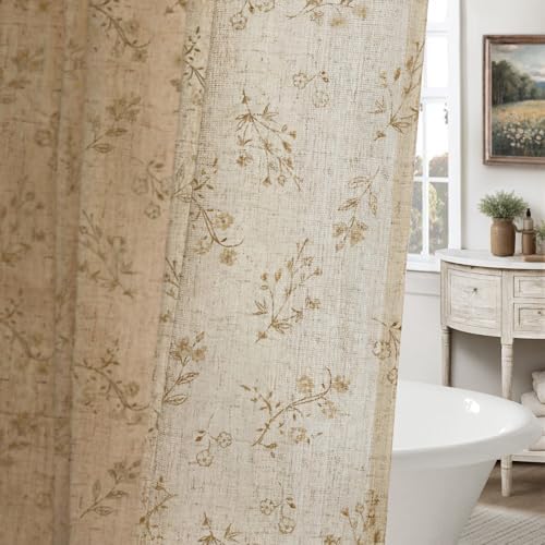 Beige Floral Farmhouse Vintage Linen Shower Curtain French Country 72Wx72H