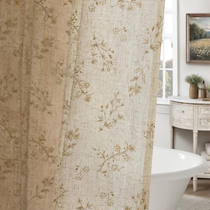 Beige Floral Farmhouse Vintage Linen Shower Curtain French Country 72Wx72H