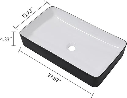 Lordear Rectangular Vessel Sink 24X14 Inches Black and White Above Counter Bathroom Sink Lavatory Vanity Basin