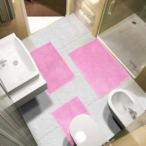 Urvoix Bathroom Rugs Sets 3 Piece, Chenille Bath Mat Set, Pink