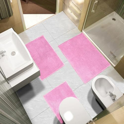 Urvoix Bathroom Rugs Sets 3 Piece, Chenille Bath Mat Set, Pink