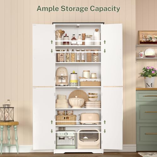 Tall Pantry Cabinet with 4 Doors & 2 Adjustable Shelves, Kitchen Cabinet